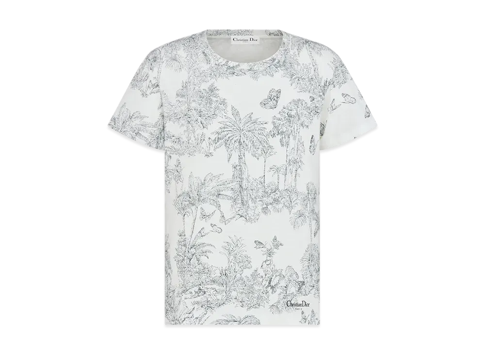 Dior Women's Dioriviera T-Shirt Toile de Jouy Palms Cotton and Linen Jersey "White/Blue"