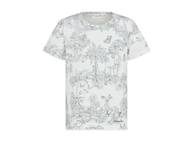 Dior Women's Dioriviera T-Shirt Toile de Jouy Palms Cotton and Linen Jersey "White/Blue"