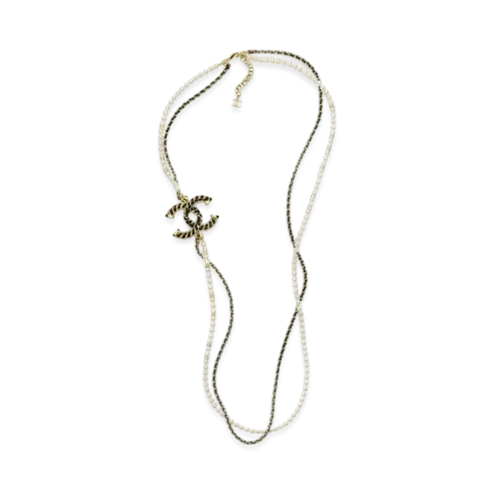 CHANEL Long Necklace Metal, Lambskin, Calfskin, Glass Pearls & Strass "Gold/White/Black/Crystal"