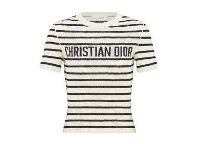 Dior Women's Dioriviera Cropped Short-Sleeved Sweater D-Stripes Linen and Silk Knit "White/Navy Blue"