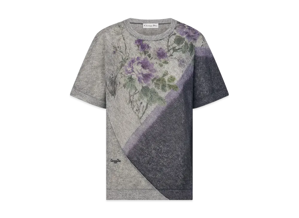 Dior Women's Short-Sleeved Sweater Mohair and Alpaca-Blend Knit with Dior Pivoine Motif "Multicolor/Gray"