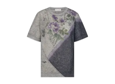 Dior Women's Short-Sleeved Sweater Mohair and Alpaca-Blend Knit with Dior Pivoine Motif "Multicolor/Gray"