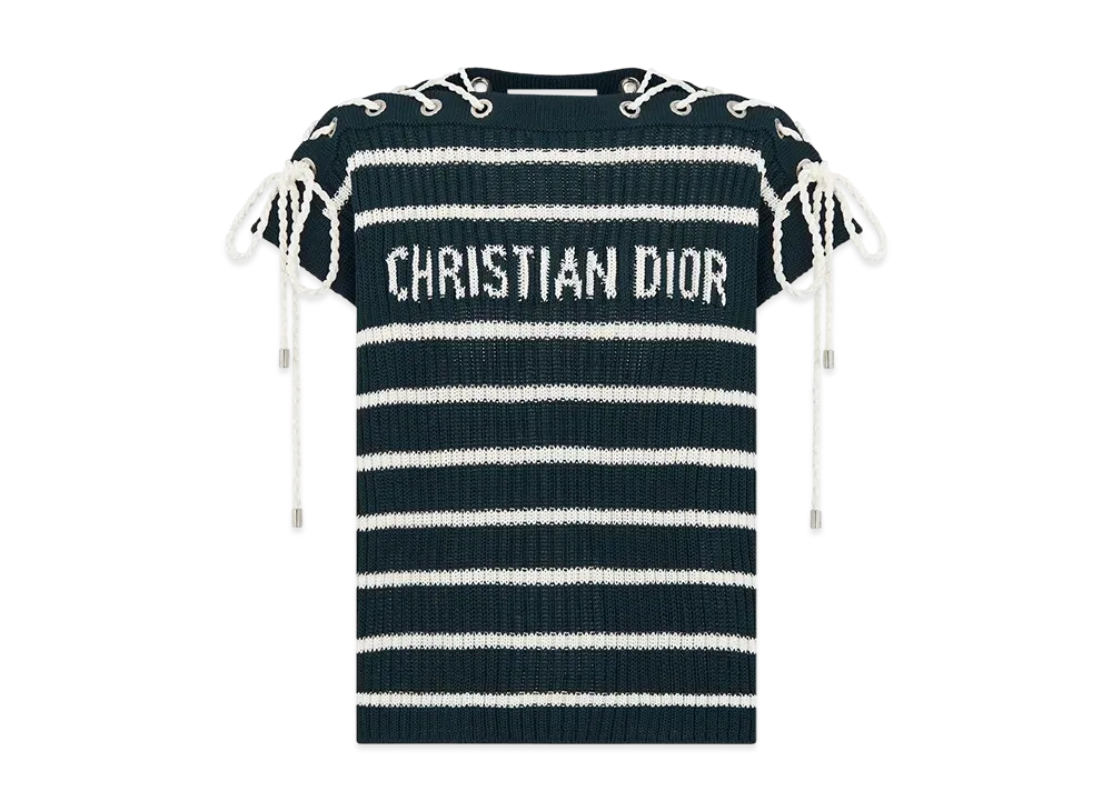 Dior Women's Dioriviera Sweater with Laced Cap Sleeves D-Stripes Cotton Knit "Navy Blue/White"
