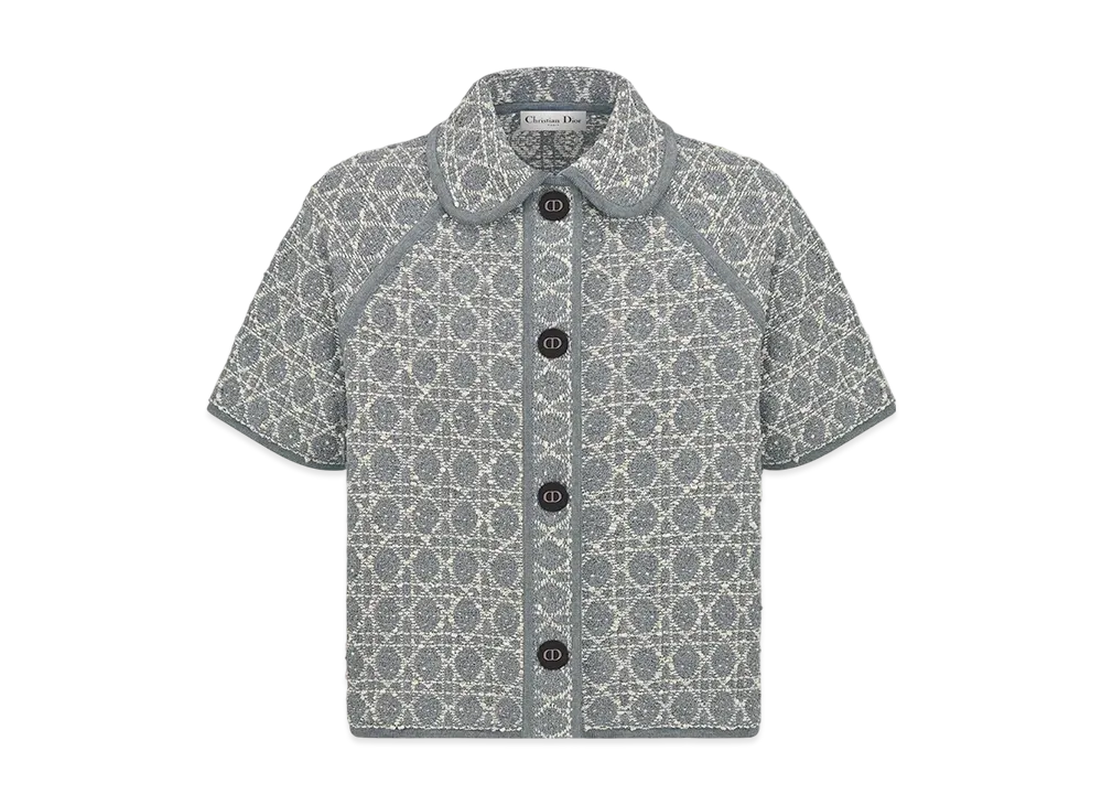 Dior Women's Macrocannage Short-Sleeved Jacket Cotton-Blend Tweed Knit with Metallic Thread "Gray/Silver"