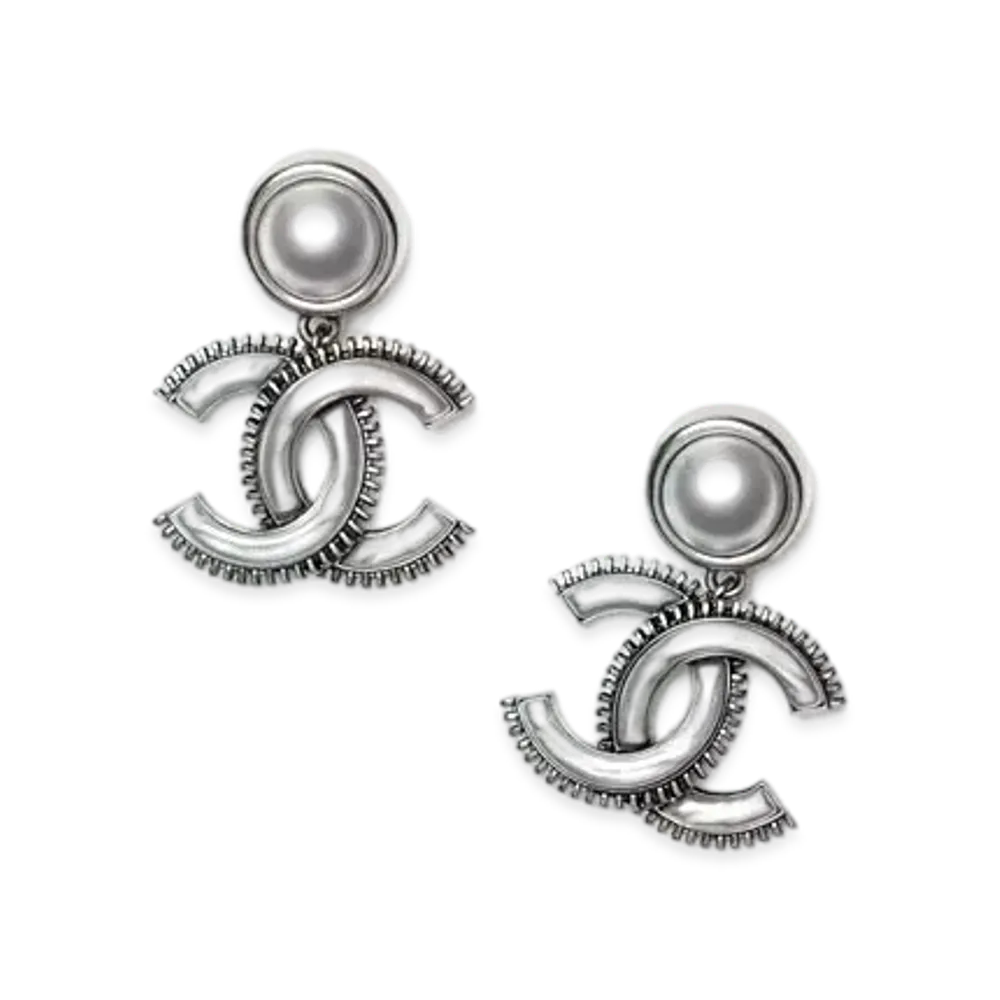 CHANEL Pendant Earrings Metal & Resin "Silver/Gray"