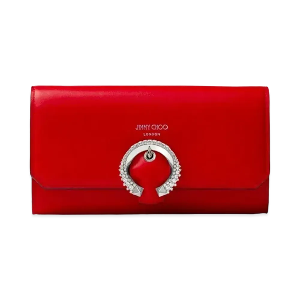Jimmy Choo Wallet W/Chain Smooth Calf Wallet With Crystal Buckle "Royal Red"