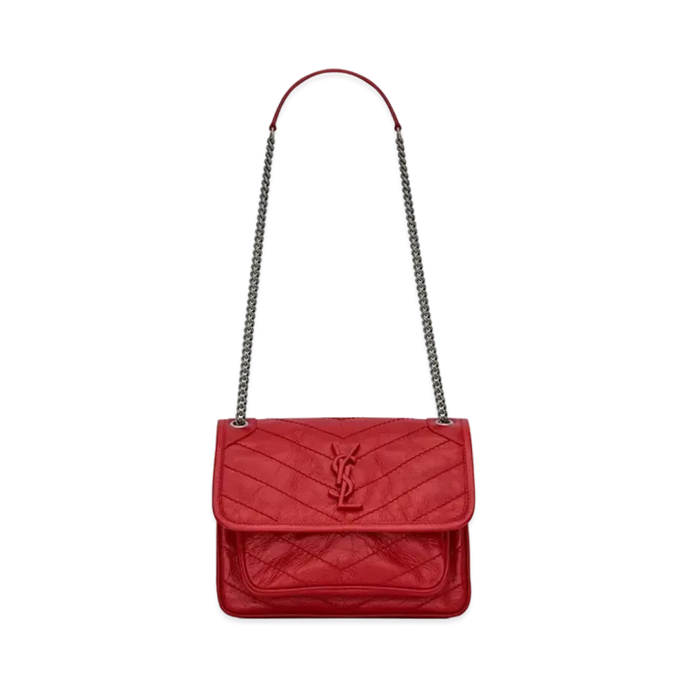 Saint Laurent Niki Baby In Crinkled Vintage Leather "Rouge Eros"