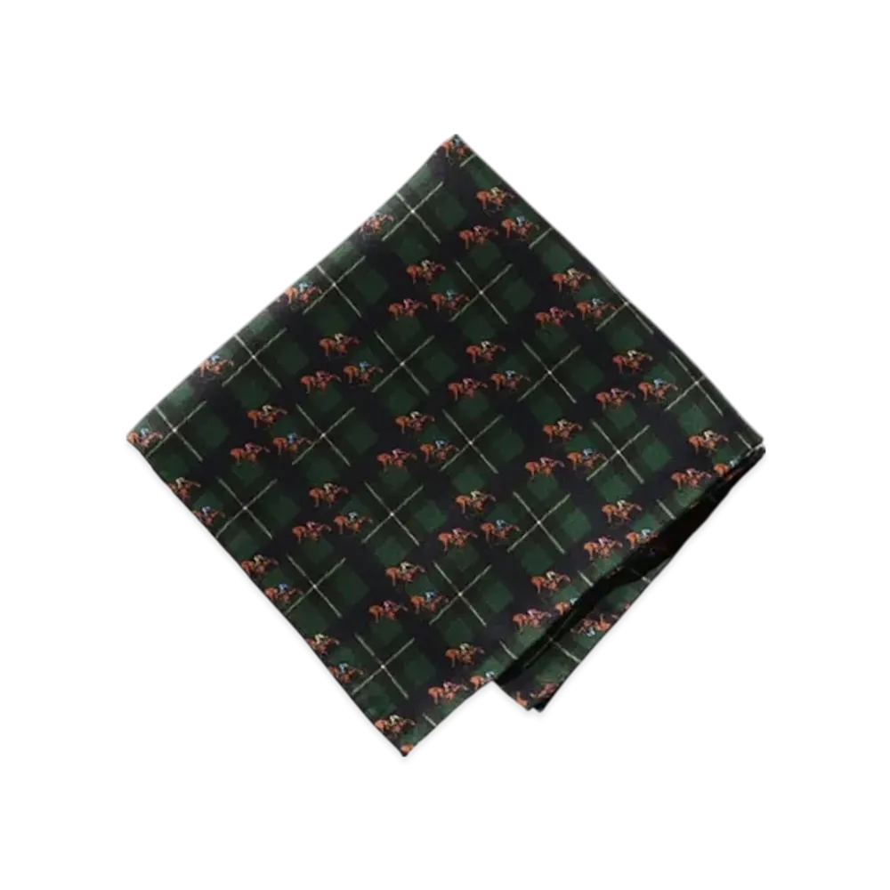 BEAMS Pocket Chief Check Horses Print "Navy"