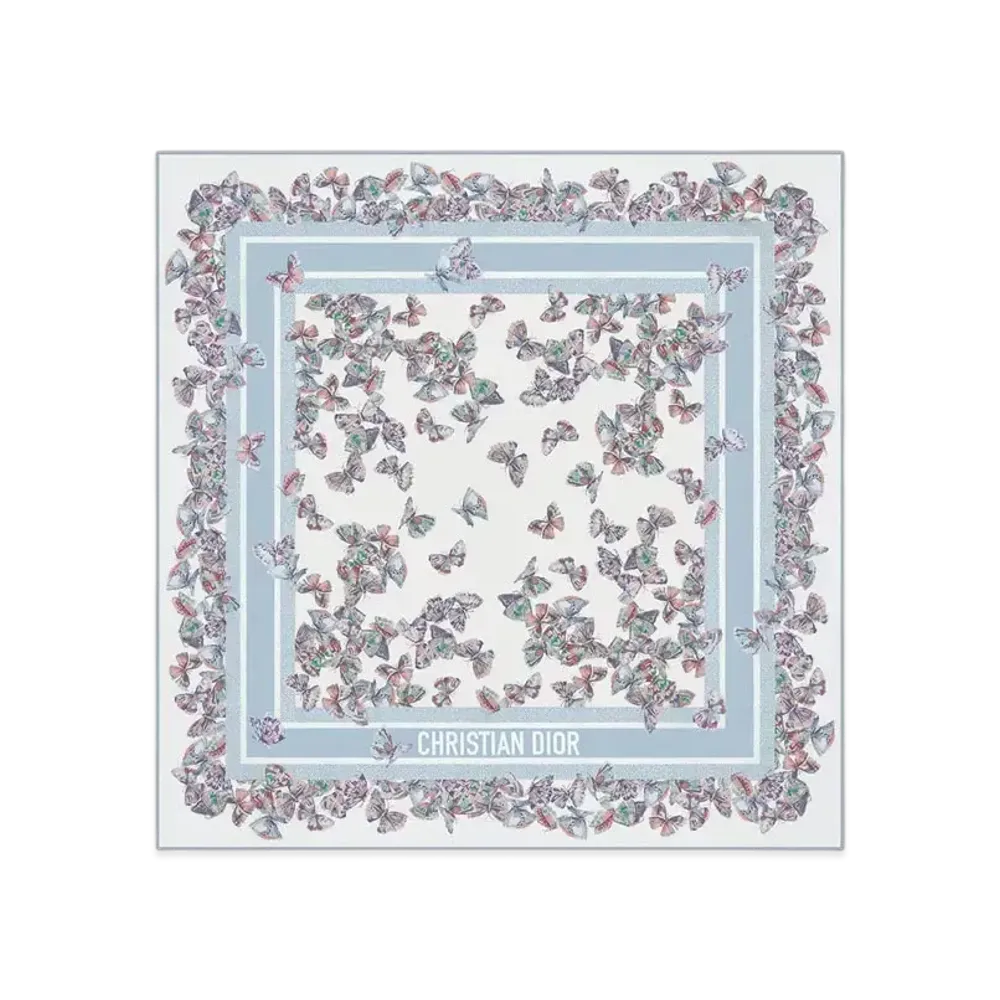 Dior Camo Papillon 90 Square Scarf Silk Twill "White/Sky Blue"