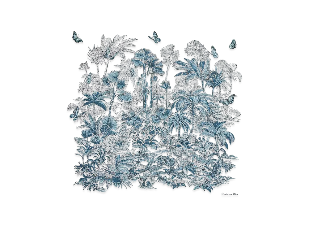 Dior Dioriviera Toile de Jouy Palms 90 Square Scarf Silk Twill "White/Navy Blue"