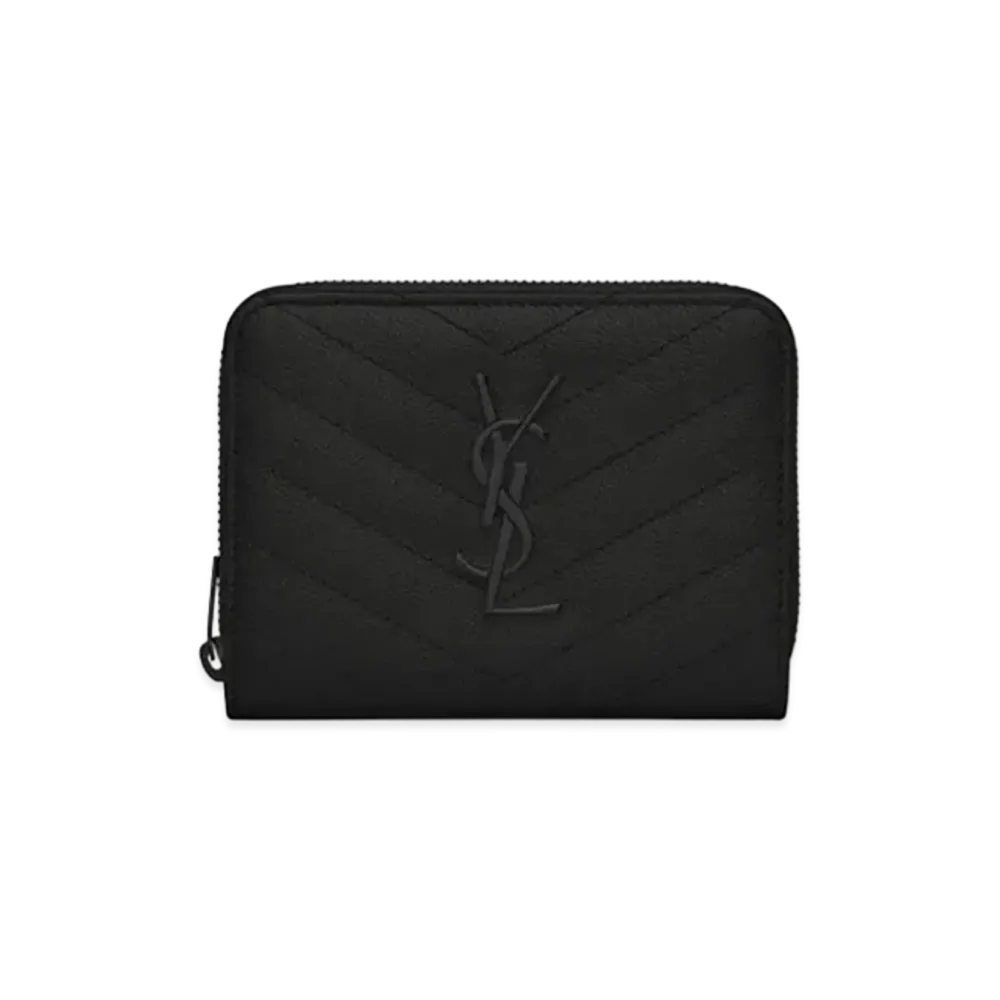 Saint Laurent Monogram Compact Zip Around Wallet In Grain De Poudre Embossed Leather "Black"