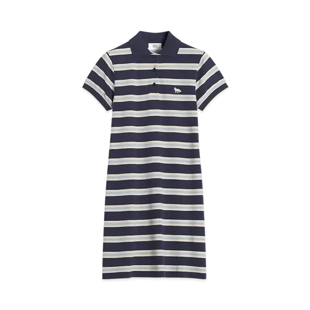 Maison Kitsune Baby Fox Patch Multi Stripe Polo Dress "Ink Blue/Hortensia/Marble"