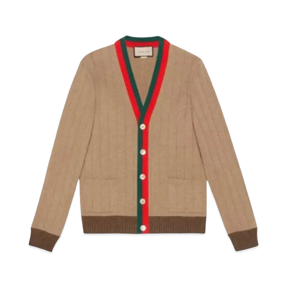 GUCCI Men's Rib Knit Cardigan With Web "Camel"