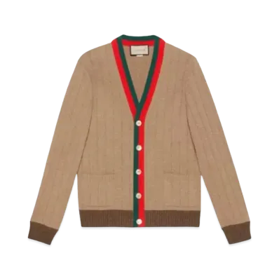 GUCCI Men's Rib Knit Cardigan With Web "Camel"