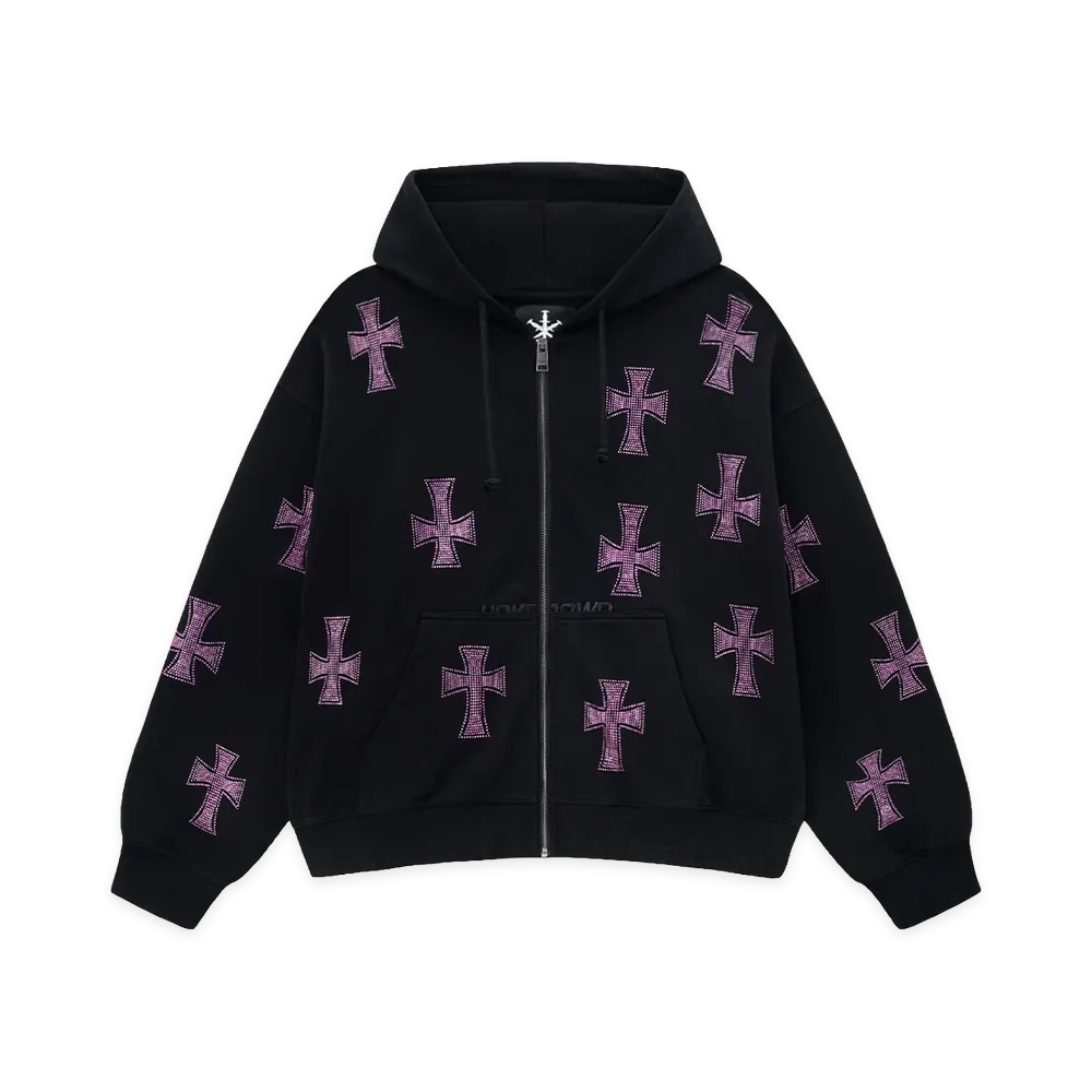 Unknown London Allover Cross Rhinestone Zip Hoodie"Black/Pink"