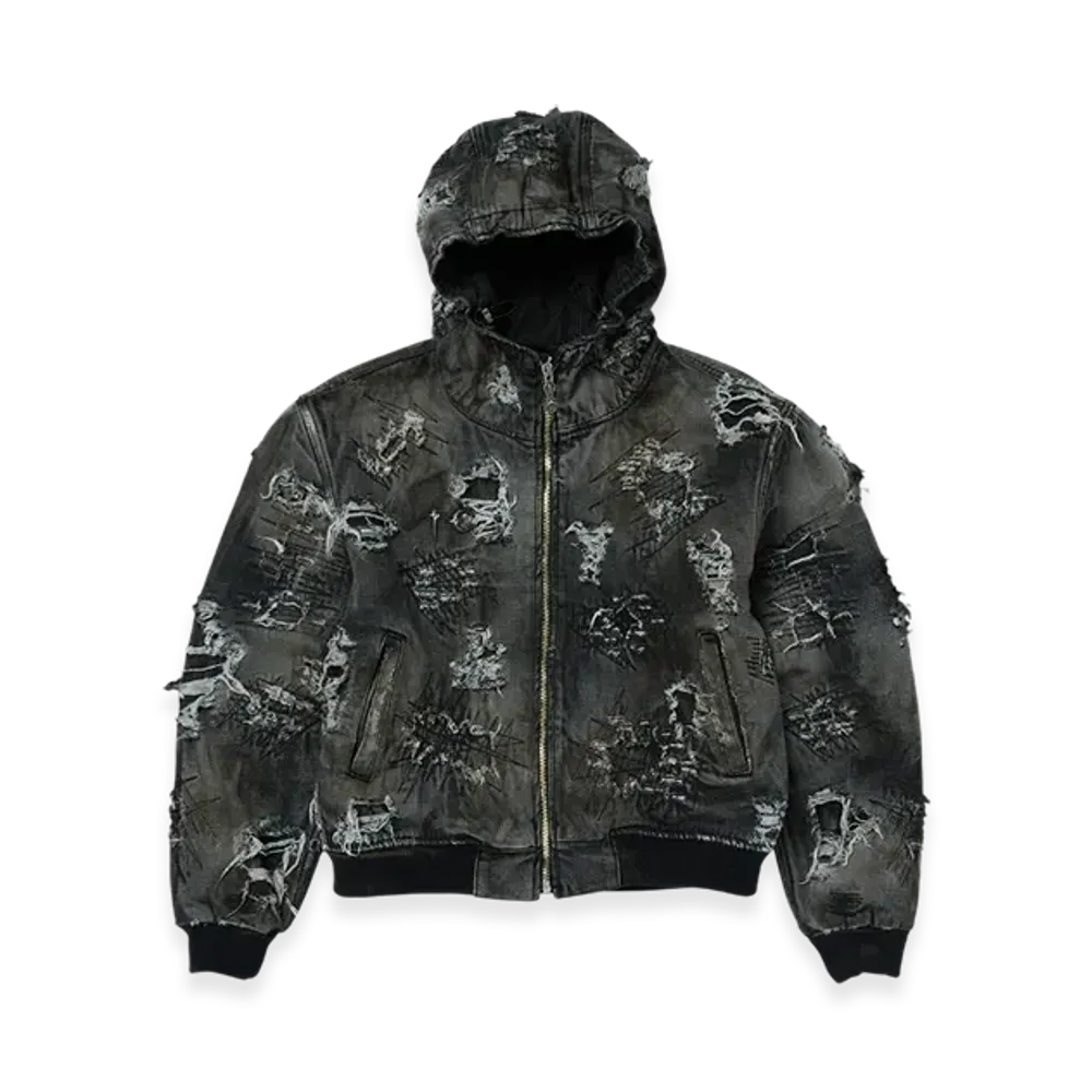 THUG CLUB Hard-Washed Damaged Denim Hooded Zip-Up "Black"