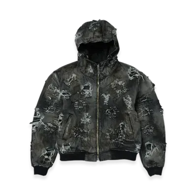 THUG CLUB Hard-Washed Damaged Denim Hooded Zip-Up "Black"