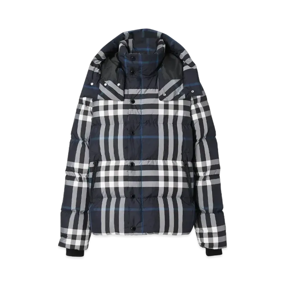 Burberry Men's Check Hooded Puffer Jacket "White/Dark Charcoal Blue"