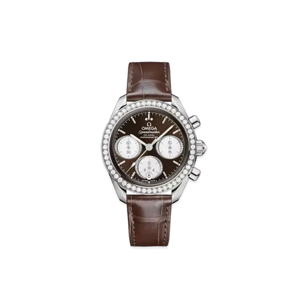 OMEGA Speedmaster Co-Axial Chronometer Bezel Diamonds Alligator Leather Strap 38MM "Stainless Steel/Brown" 324.18.38.50.63.001
