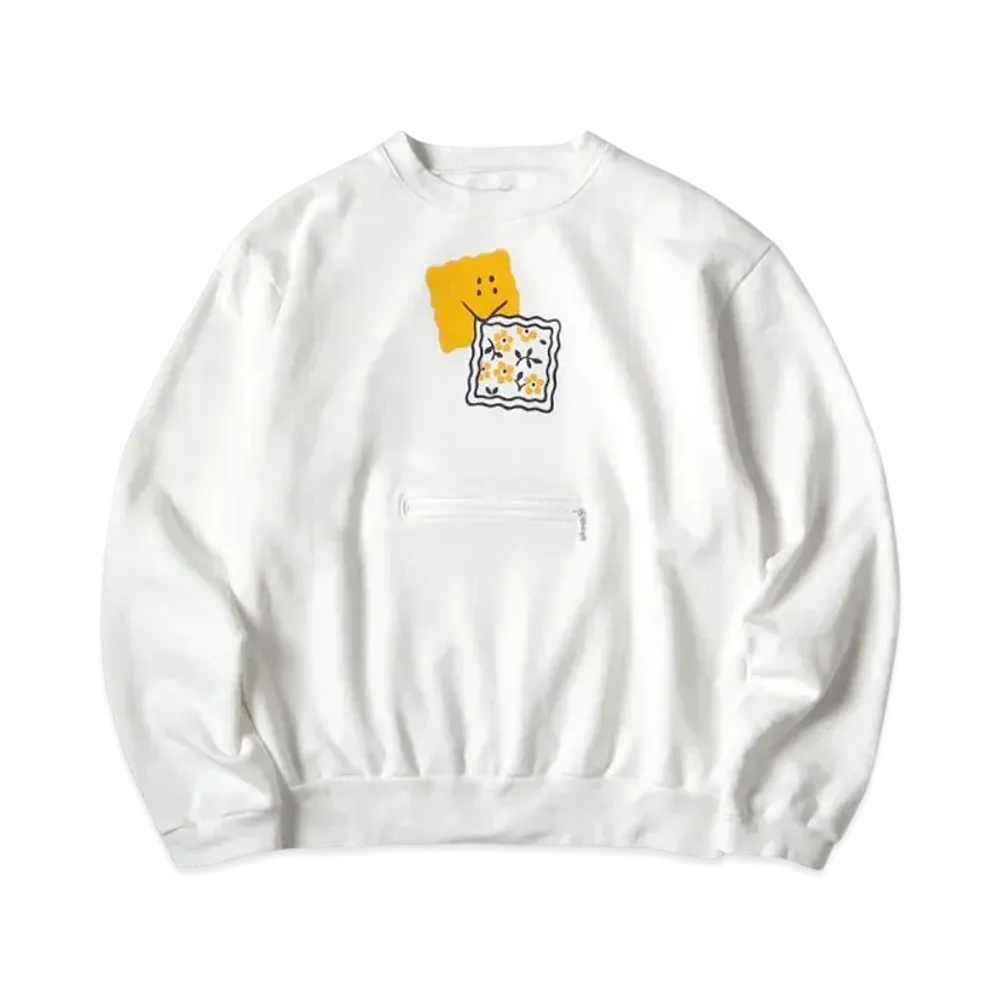 KAPITAL 30/- Fleece Cookie Pocket Crew Sweat "White"