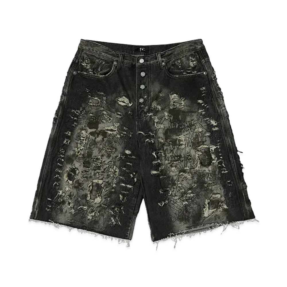THUG CLUB Hard Washed Destroyed Denim Shorts "Black"
