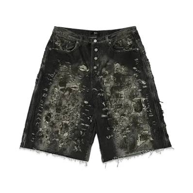THUG CLUB Hard Washed Destroyed Denim Shorts "Black"