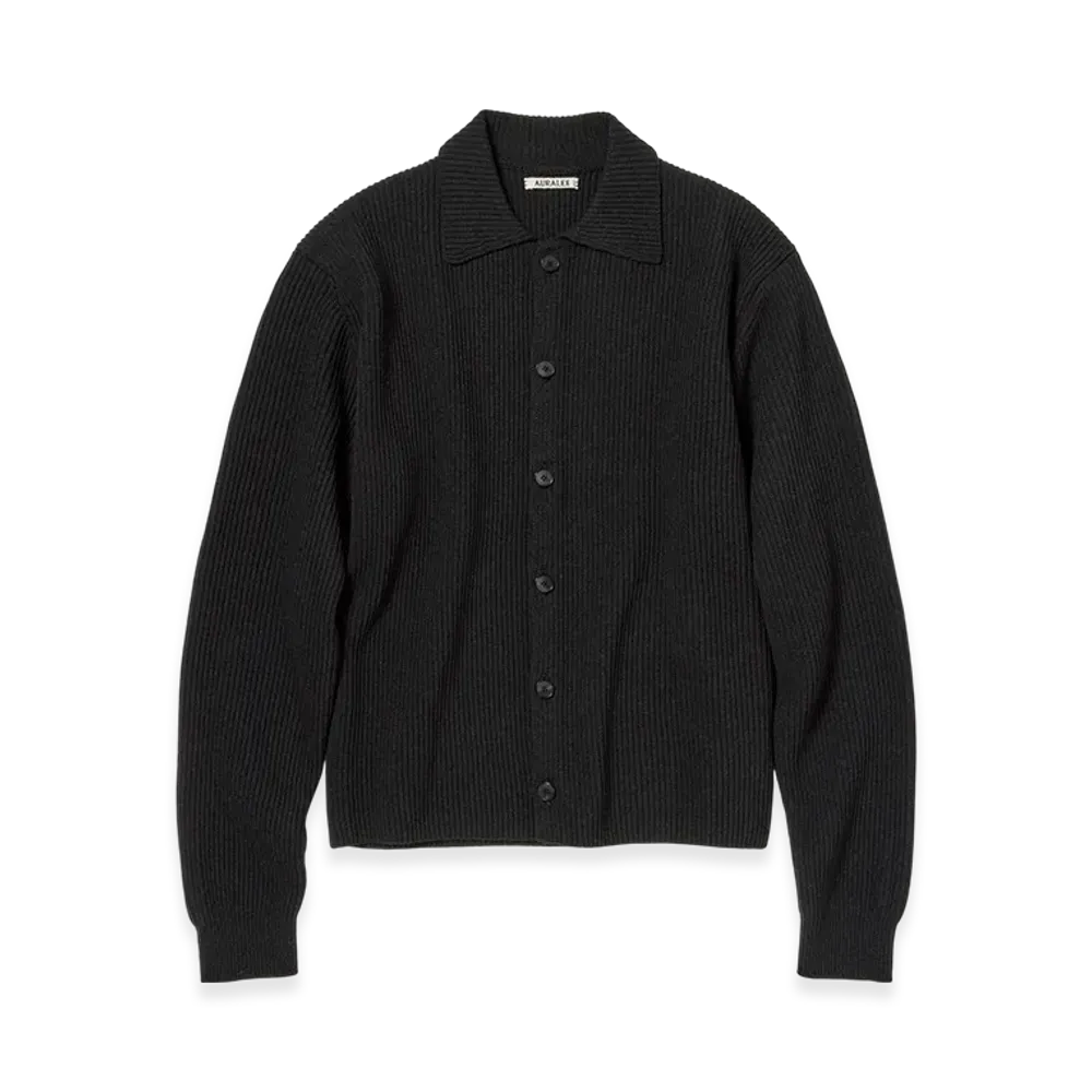 AURALEE Super Fine Wool Rib Knit Shirt Cardigan "Black"