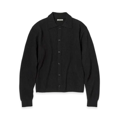 AURALEE Super Fine Wool Rib Knit Shirt Cardigan "Black"