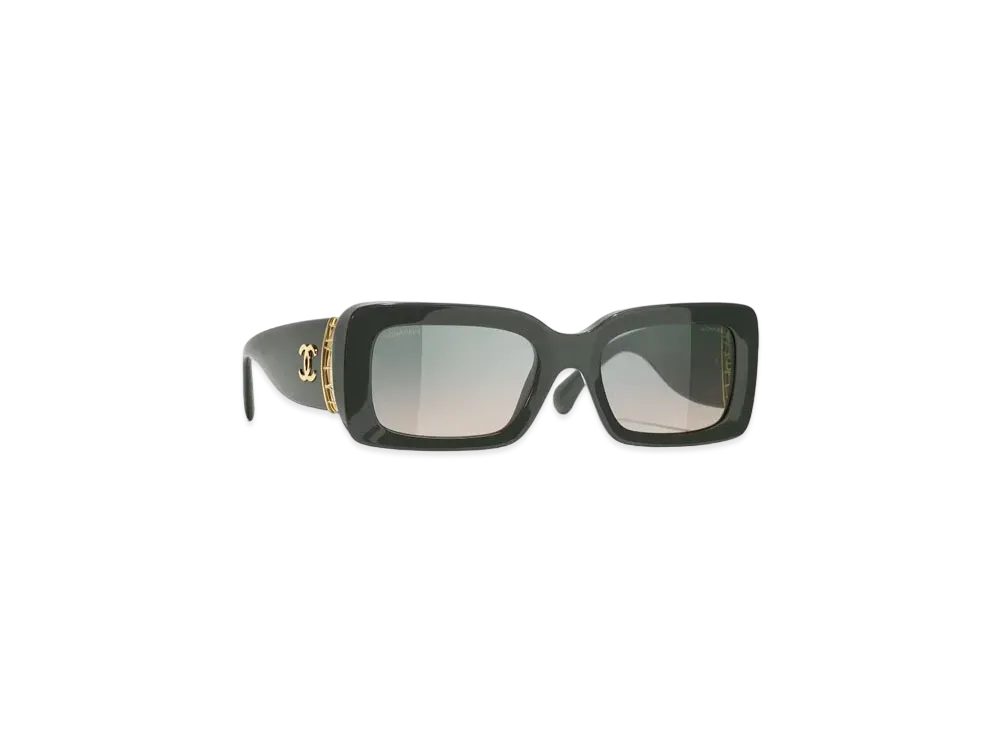 CHANEL Rectangle Sunglasses Acetate & Metal "Khaki/Green"
