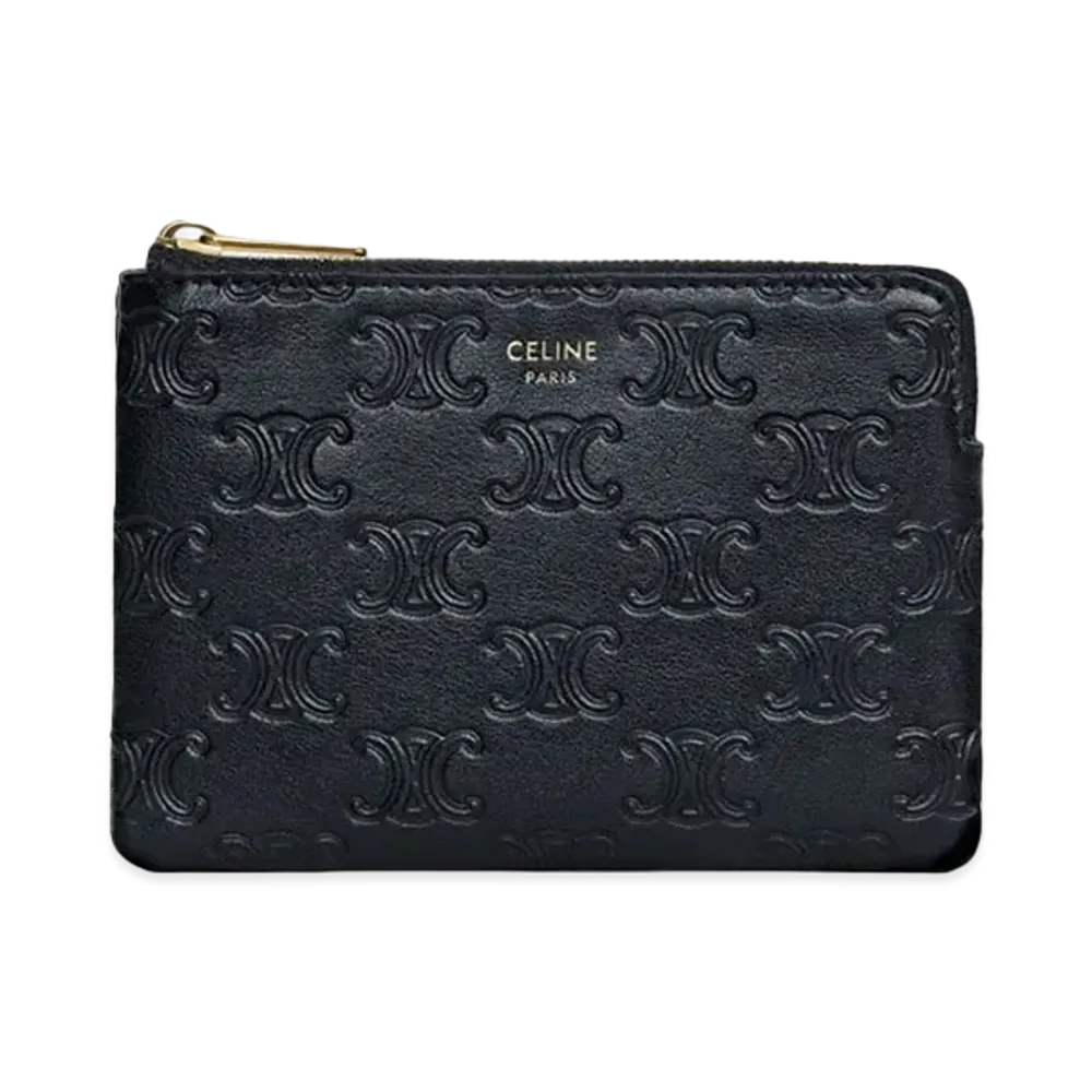 CELINE Coin & Card Pouch With Hook In Embossed Smooth Calfskin "Black"
