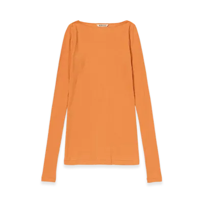 AURALEE Women's Super High Gauge Sheer Rib Boat Neck L/S Tee "Orange"