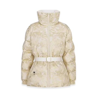 Dior Women's Dioralps Puffer Jacket with Belt Quilted Technical Taffeta Allover Butterfly Motif "White/Gold"