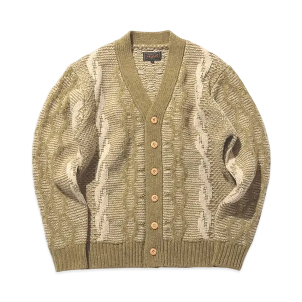 BEAMS Cardigan Heavy Cable Pattern "Olive"