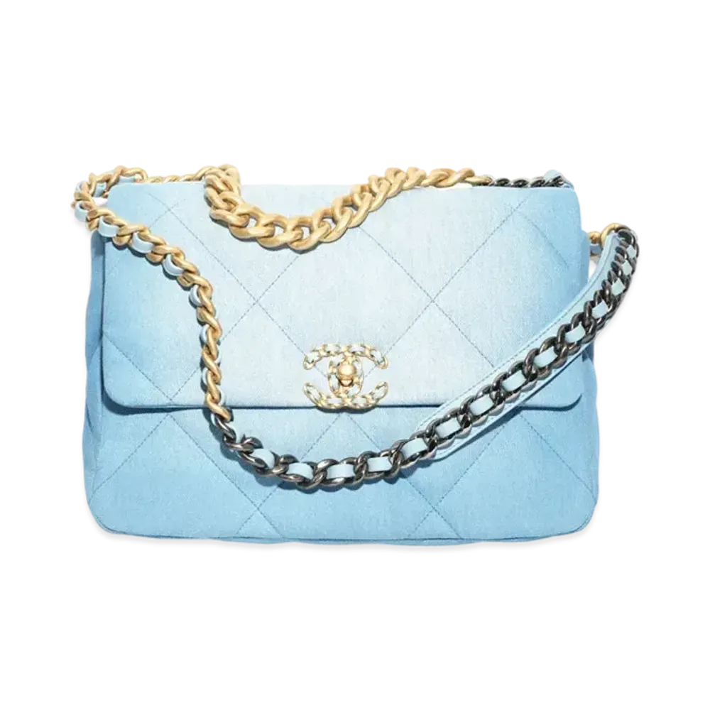 CHANEL 19 Large Handbag Denim Gold Tone Silver Tone & Ruthenium Finish Metal "Blue/Light Blue"