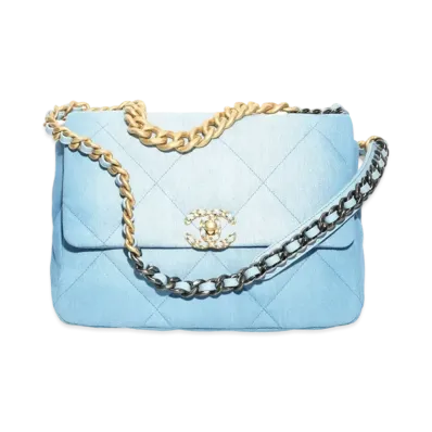 CHANEL 19 Large Handbag Denim Gold Tone Silver Tone & Ruthenium Finish Metal "Blue/Light Blue"