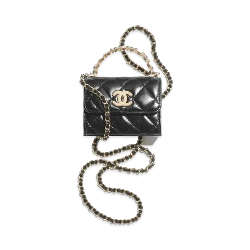 CHANEL Small Clutch with Chain Shiny Crumpled Lambskin Imitation Pearls "Black"