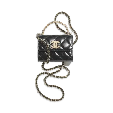 CHANEL Small Clutch with Chain Shiny Crumpled Lambskin Imitation Pearls "Black"