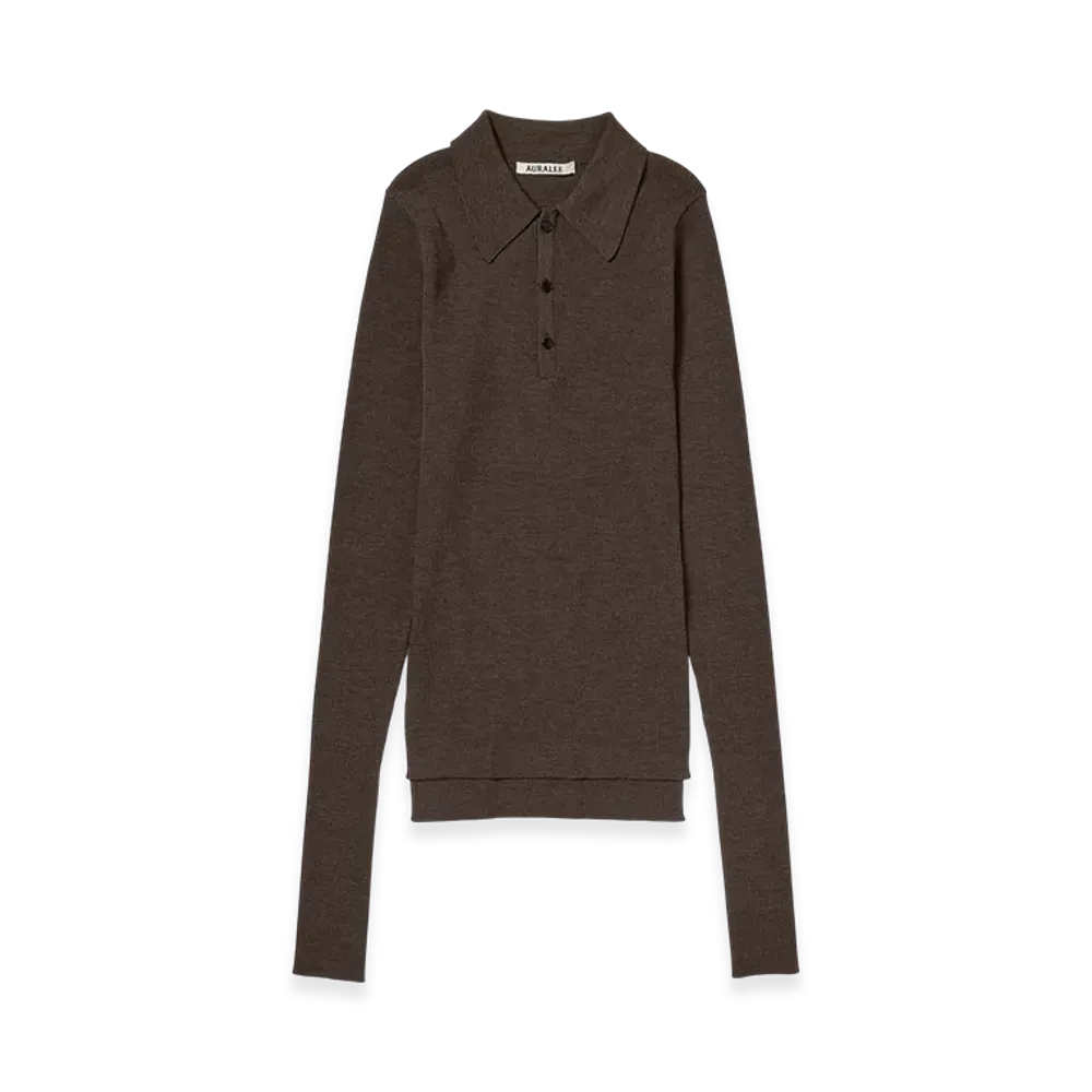 AURALEE Super Fine Wool High Gauge Rib Knit Polo "Top Brown"