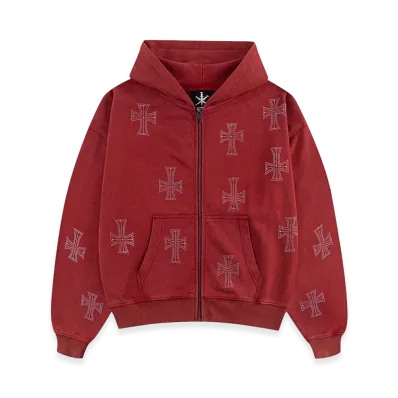 Unknown London Outline Cross Rhinestone Zip Hoodie "Red"