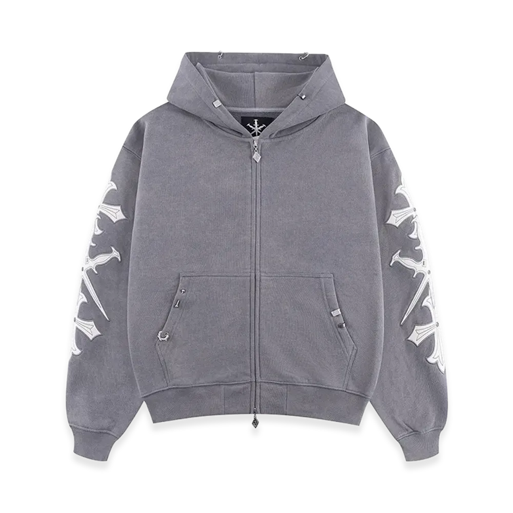 Unknown London Dagger Cross Leather Patch Zip Hoodie "Gray"