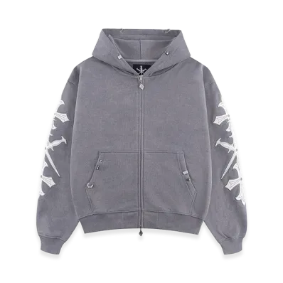 Unknown London Dagger Cross Leather Patch Zip Hoodie "Gray"