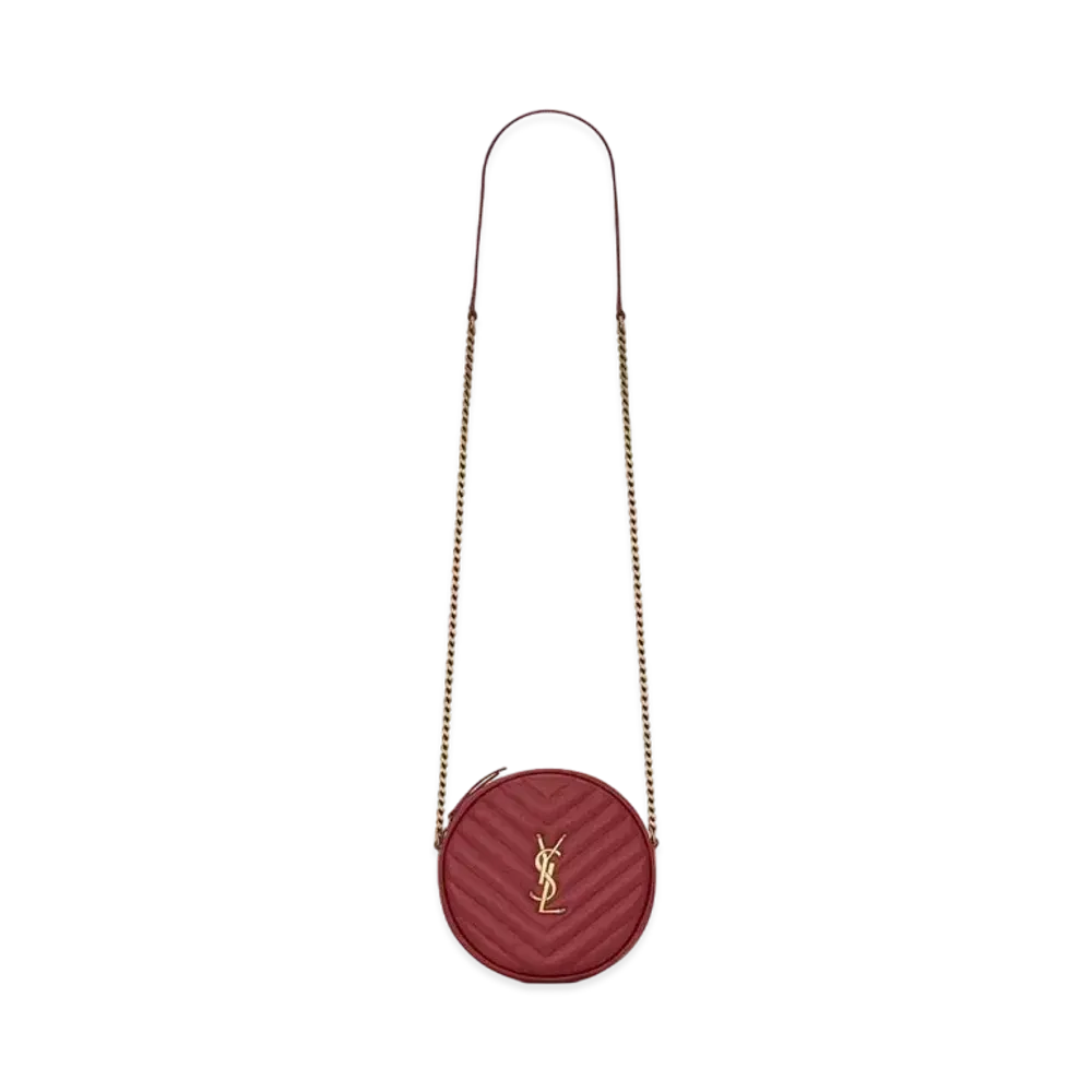 Saint Laurent Vinyle Round Camera Bag In Chevron-Quilted Grain De Poudre Embossed Leather "Rouge Legion"