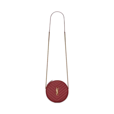 Saint Laurent Vinyle Round Camera Bag In Chevron-Quilted Grain De Poudre Embossed Leather "Rouge Legion"
