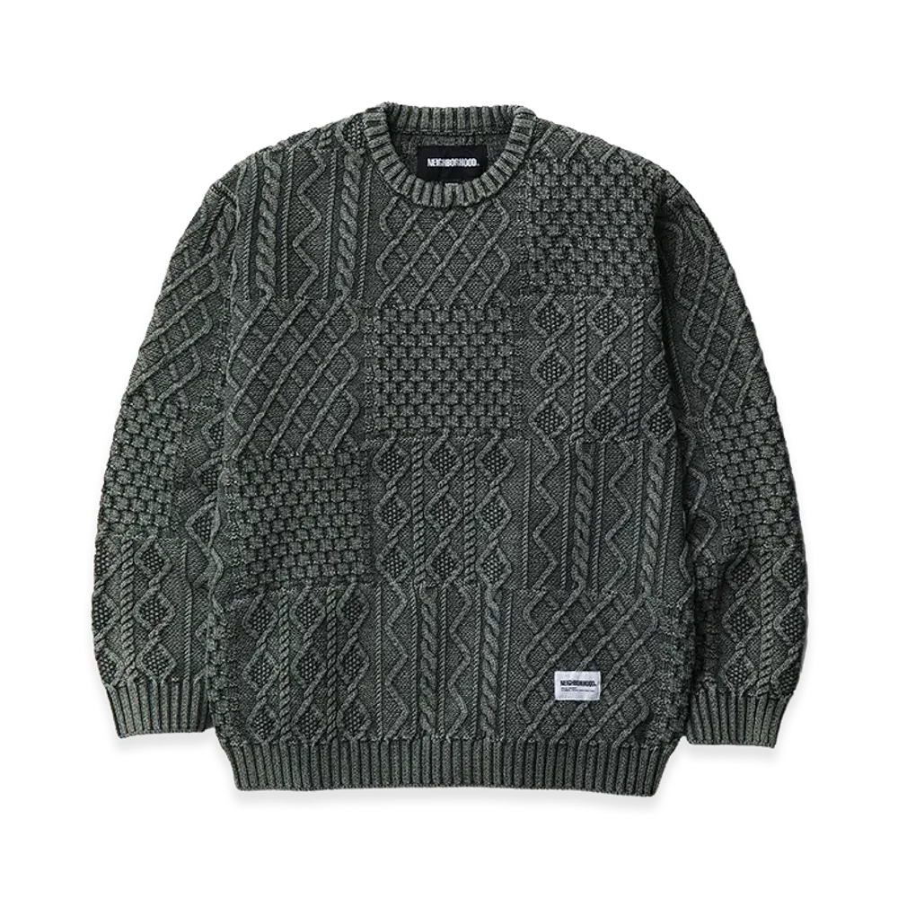 NEIGHBORHOOD Washed Block Cable Sweater "Olive Drab"