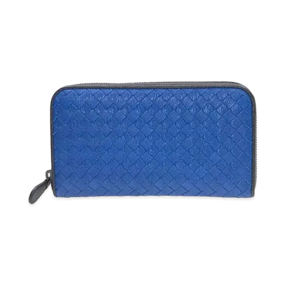 Bottega Veneta Intrecciato Lambskin Zip Around Wallet "Blue/Black"