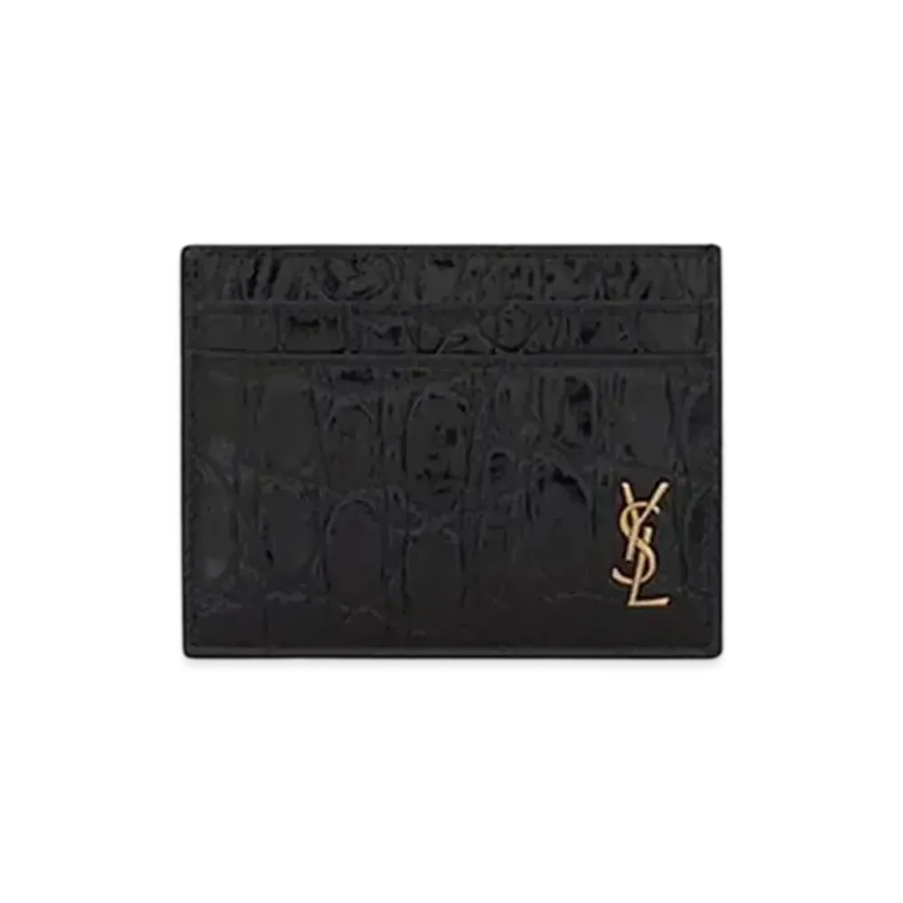 Saint Laurent Tiny Monogram Card Case In Crocodile-Embossed Leather "Black"