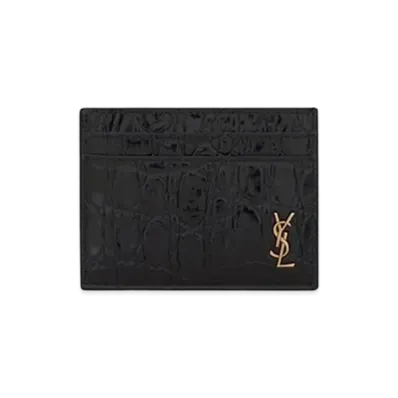 Saint Laurent Tiny Monogram Card Case In Crocodile-Embossed Leather "Black"