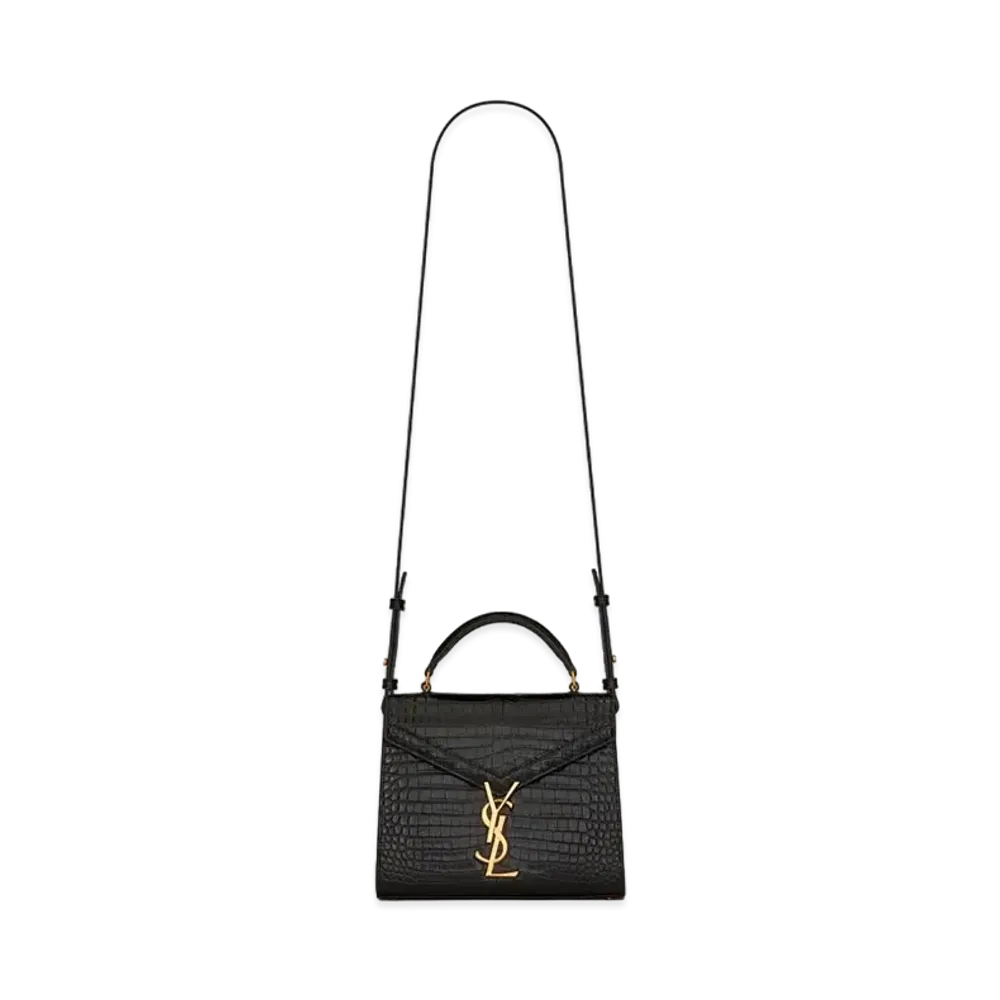 Saint Laurent Cassandra Mini Top Handle Bag In Crocodile-Embossed Shiny Leather "Black"