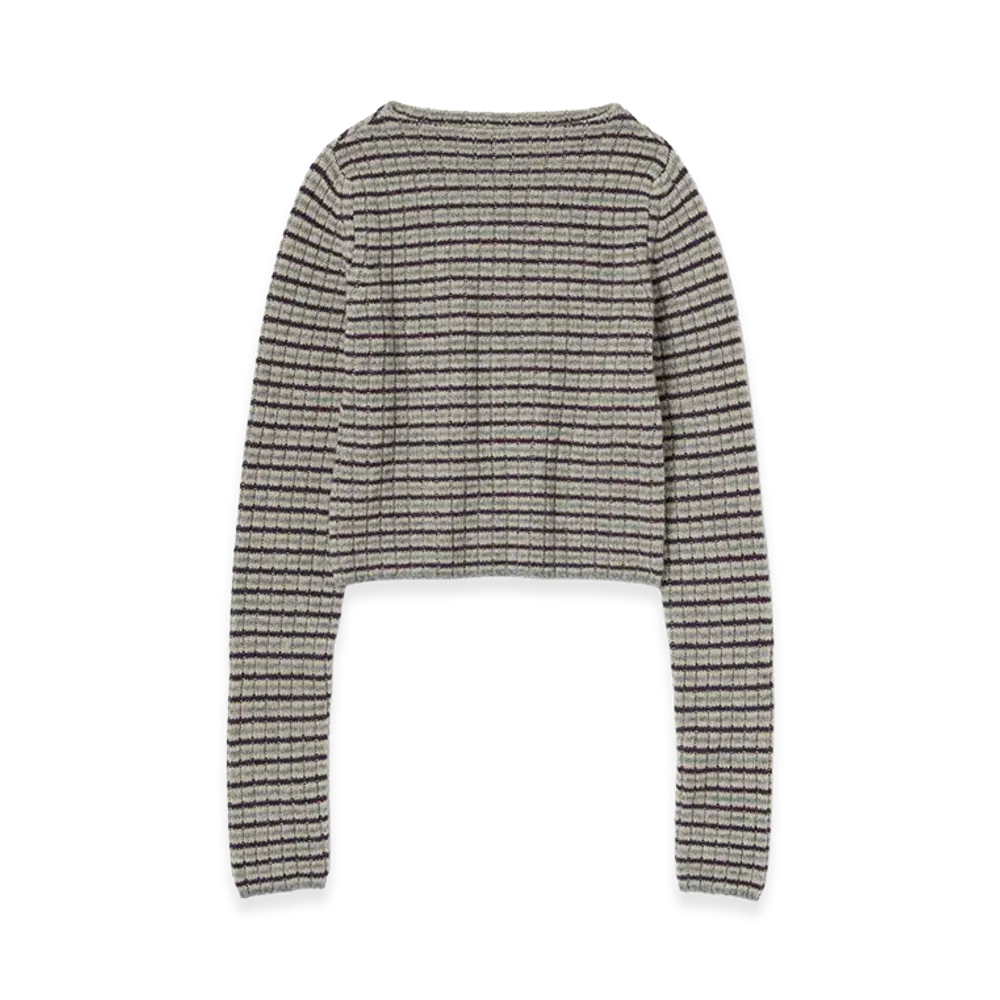 AURALEE Women's Shetland Wool Cashmere Rib Knit Boat-Neck P/O "Lime Purple Stripe"