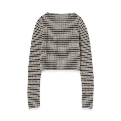 AURALEE Women's Shetland Wool Cashmere Rib Knit Boat-Neck P/O "Lime Purple Stripe"